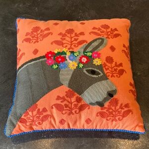 Karma Living orange blue flowers burro donkey 17” square pillow